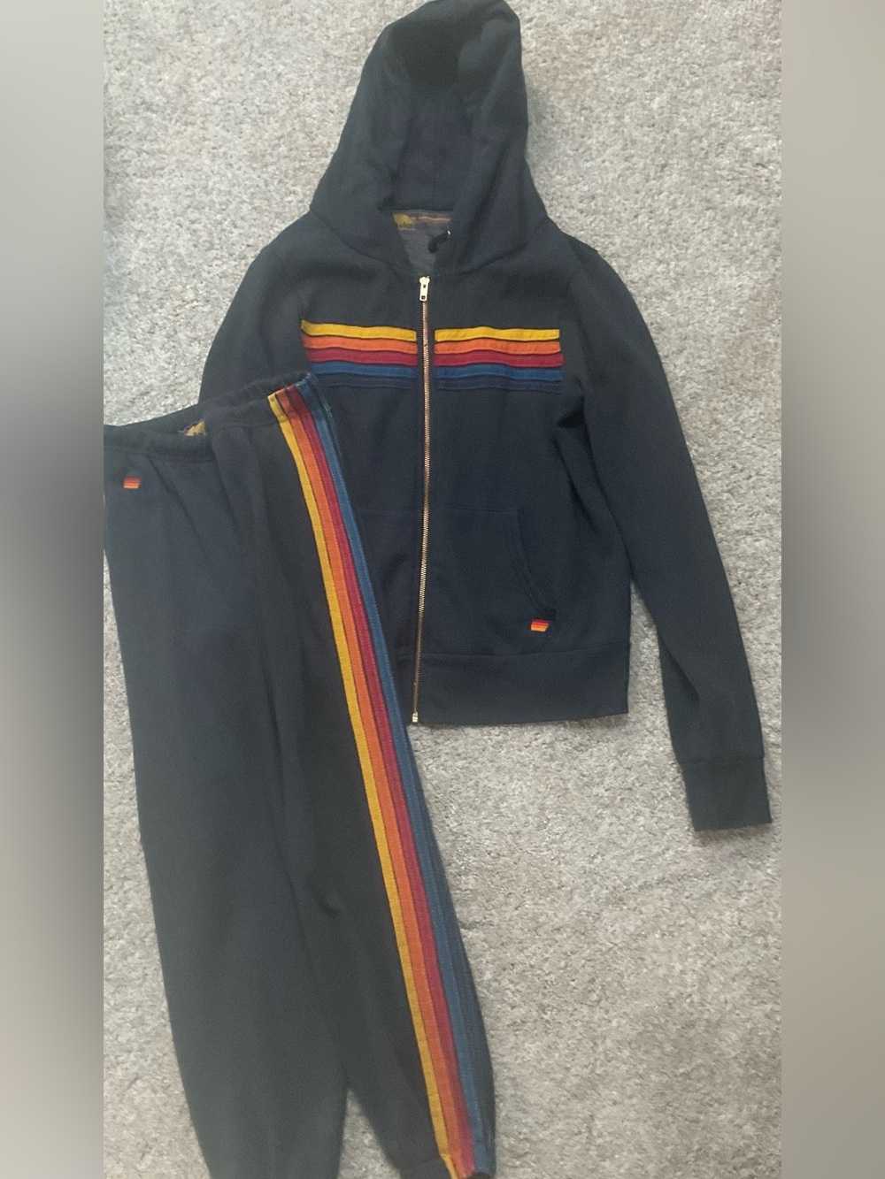 Aviator Nation Five Stripe Navy Zip Hoodie & Joggers with Rainbow Side Stripes.